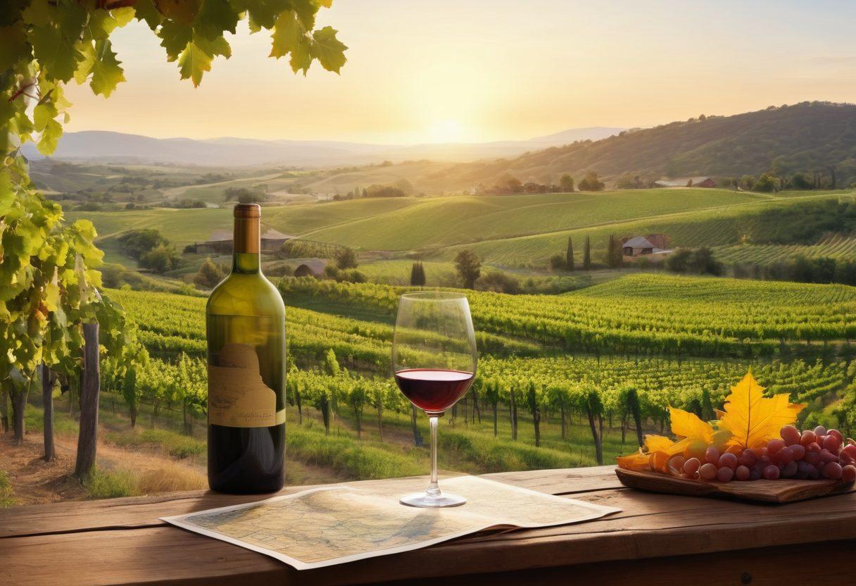 A scenic vineyard landscape with rolling hills, ripe grapevines, and a rustic winery in the background. Showcase an enthusiastic wine enthusiast tasting a glass of wine under a golden sunset, with maps of different wine regions subtly integrated into the scene. Include symbols of wine culture, like barrels and tasting notes, harmoniously blending into the natural surroundings. super-realistic. vibrant colors. warm tones.