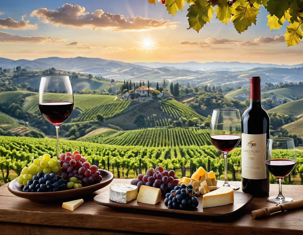 A breathtaking vineyard landscape in a sunlit region, featuring lush grapevines stretching toward rolling hills. In the foreground, an elegant wine glass is filled with rich red wine, paired with a delectable cheese platter. Icons of different wine regions and pairing suggestions are subtly integrated into the sky, adding an informative touch. The overall scene captures the essence of luxury and exploration in the world of wines. vibrant colors. super-realistic.