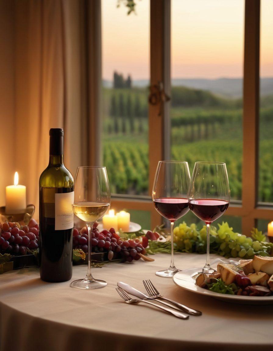 An elegant table setting featuring a beautifully arranged spread of gourmet food paired with premium wine bottles. Soft candlelight illuminating the scene creates an intimate atmosphere, while wine glasses sparkle in the glow. A backdrop of lush vineyards can be seen through an open window. Sophisticated and inviting, perfect for a fine dining experience. super-realistic. warm tones. soft focus.